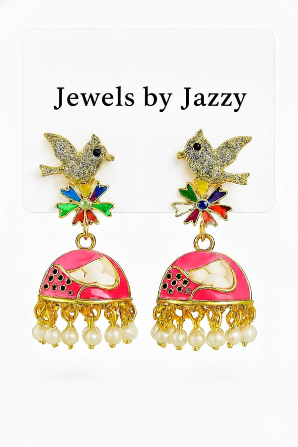 Multicolor Bird and Jhumka Earrings